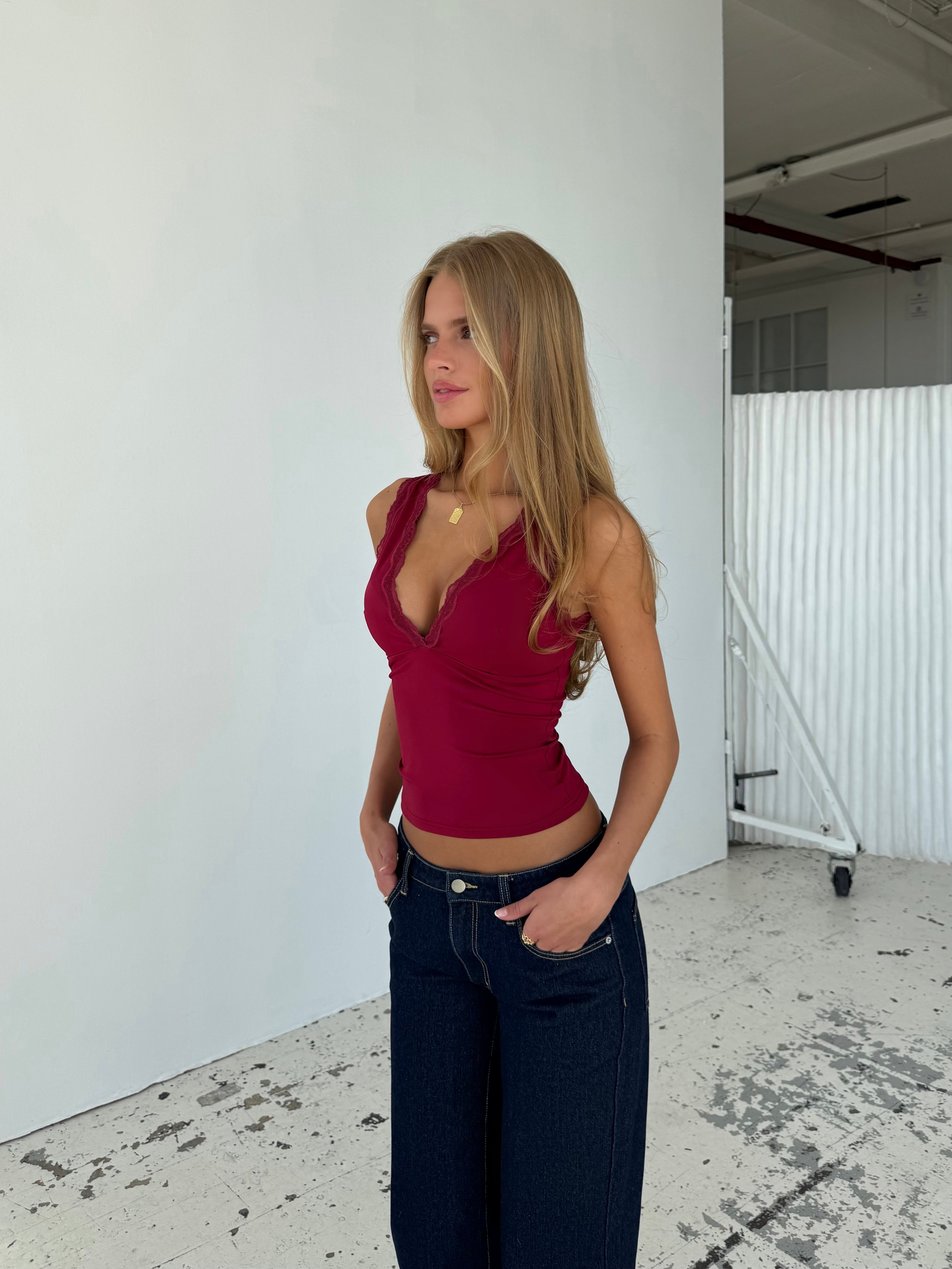 Basic lace top - mørk rød