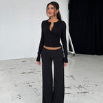 Button low waist bukser - sort stribet