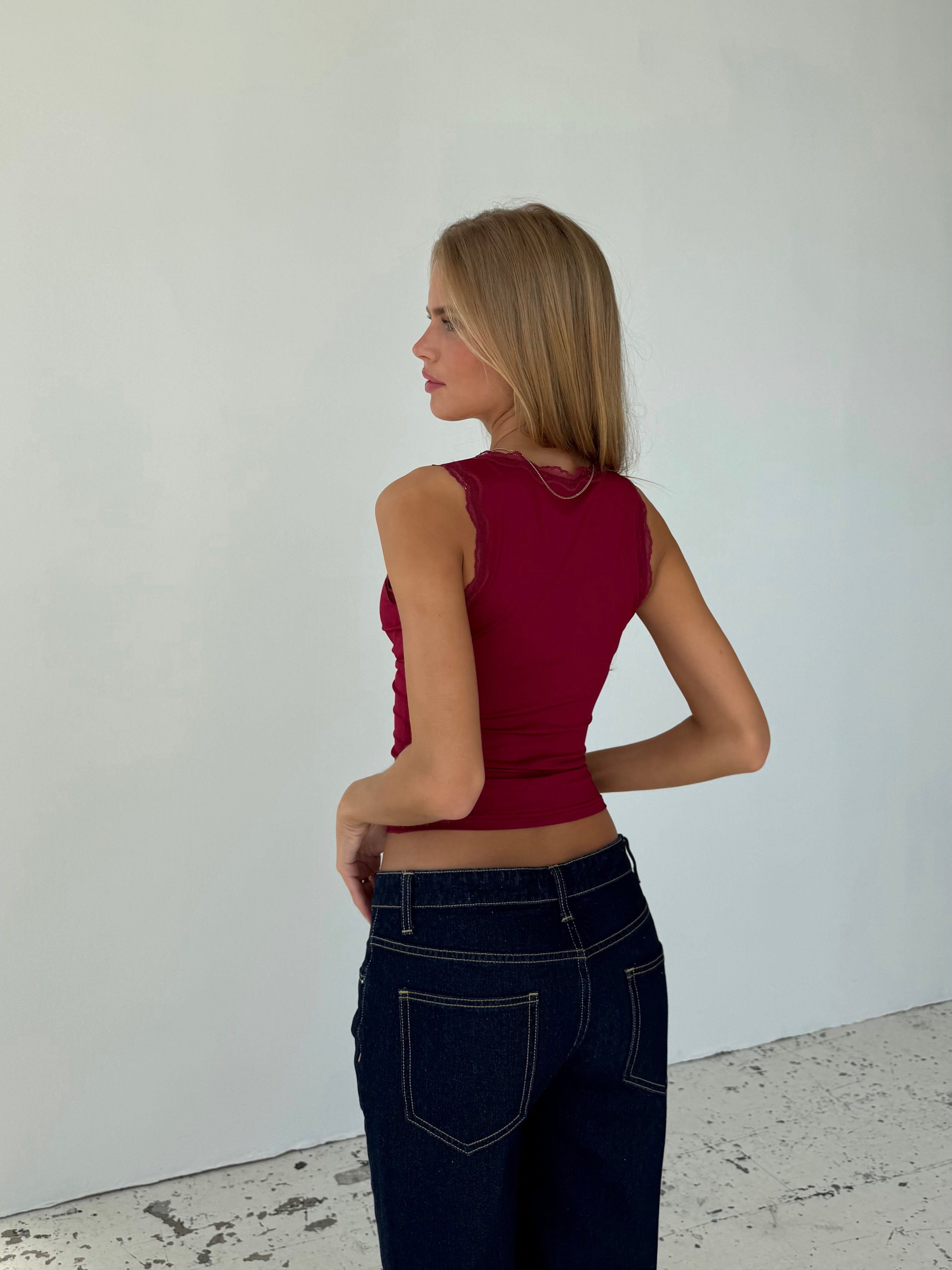 Basic lace top - mørk rød