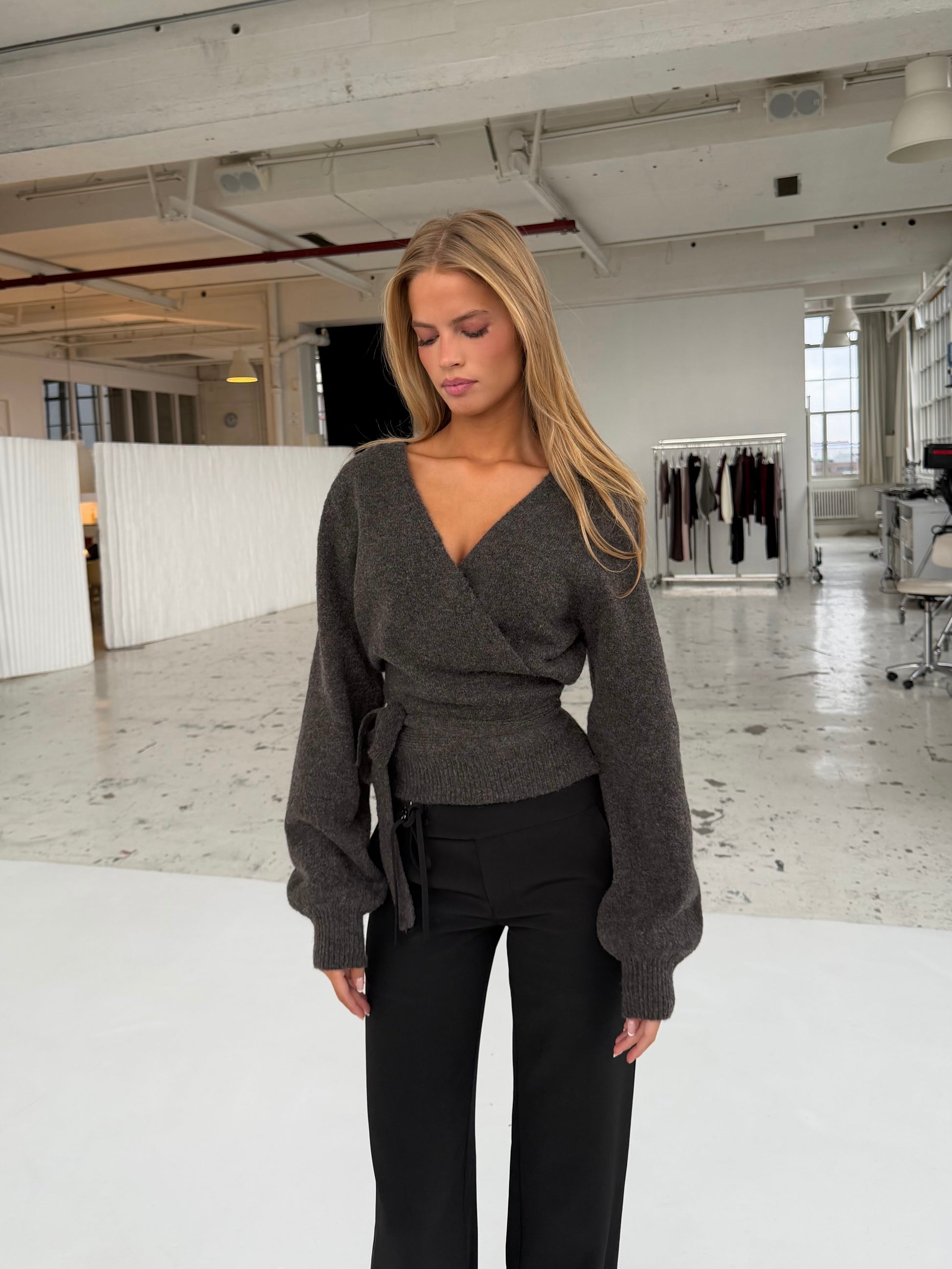 Wool blend wrap cardigan - mørk grå/brun
