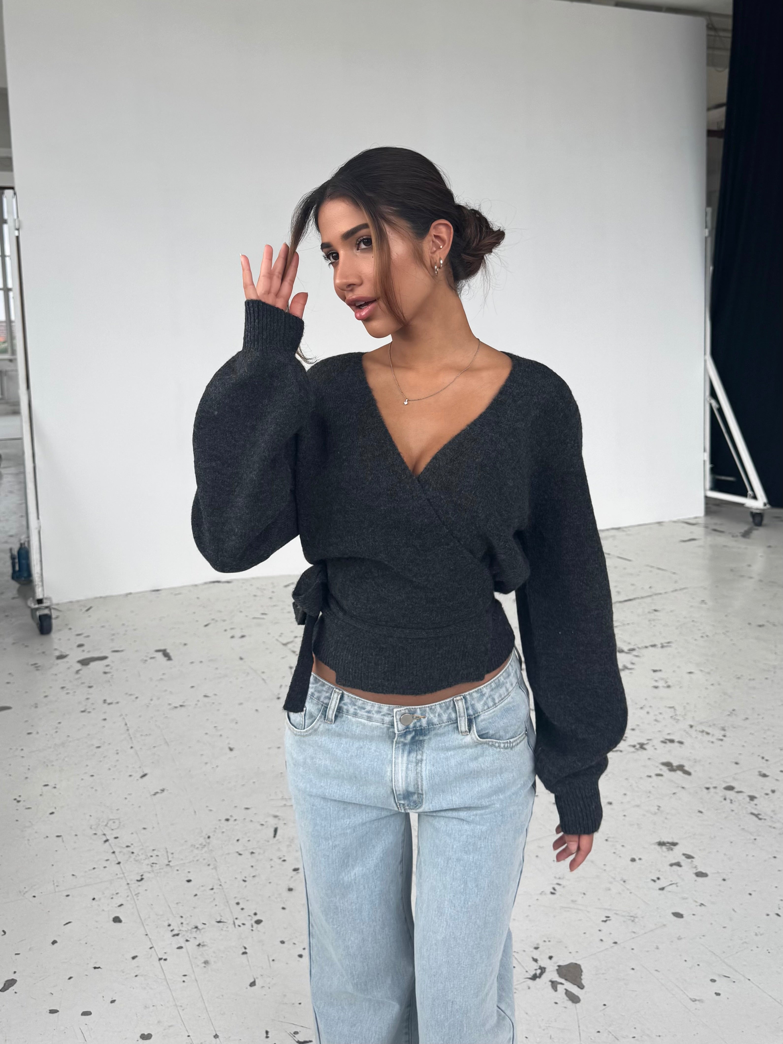 Wool blend wrap cardigan - mørk grå