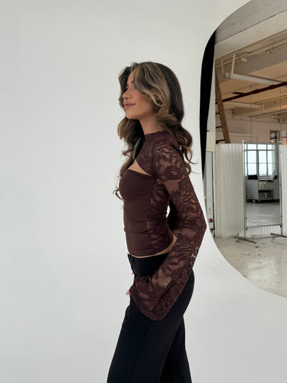 Lara lace long sleeve top - dark brown 