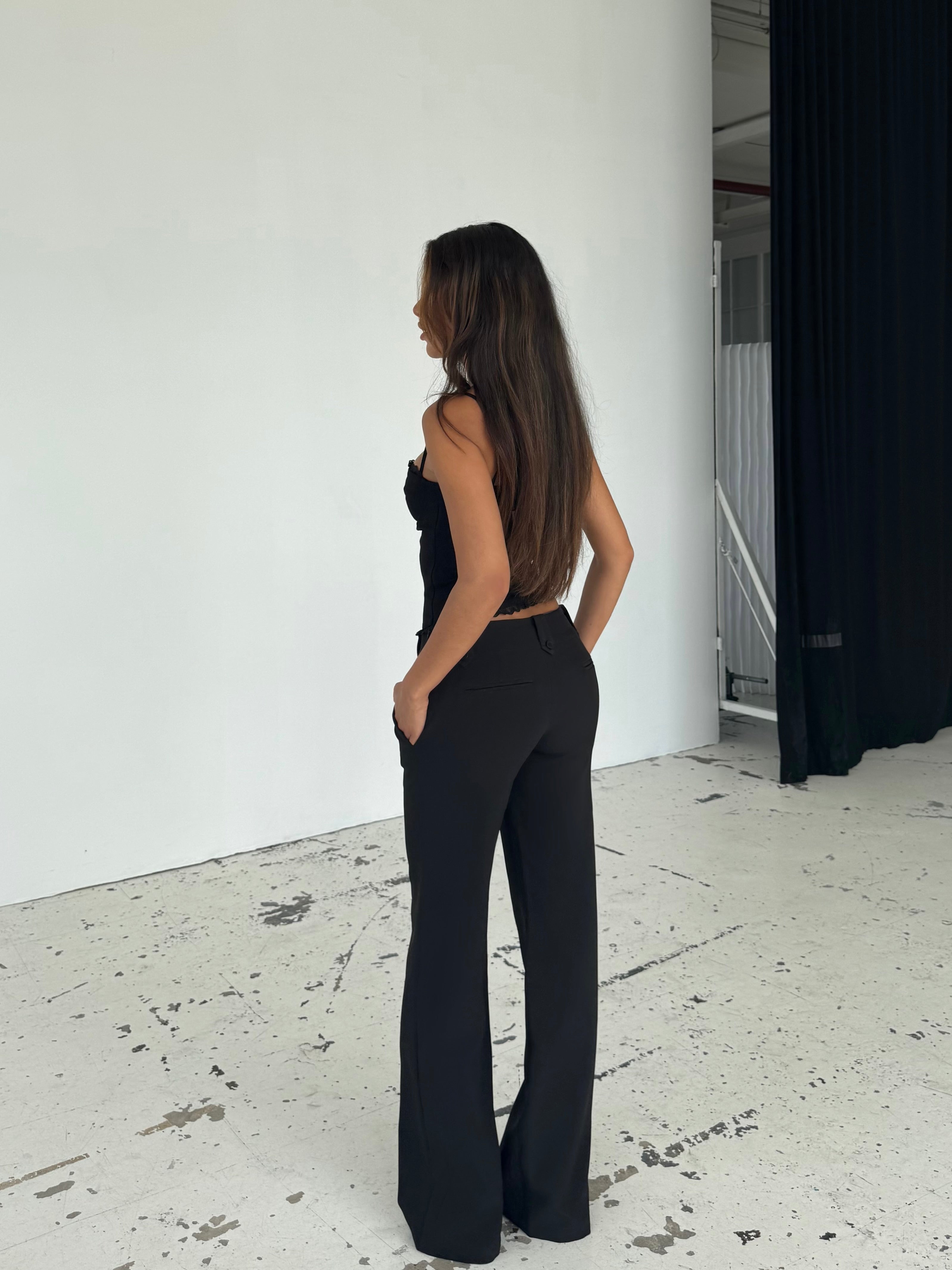 Button low waist bukser - sort