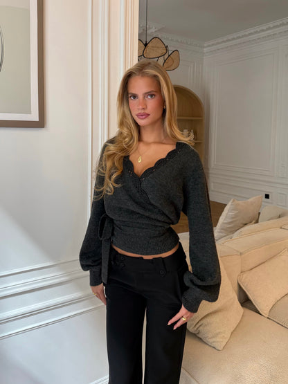 Wool Crochet Wrap Cardigan – Dark Grey