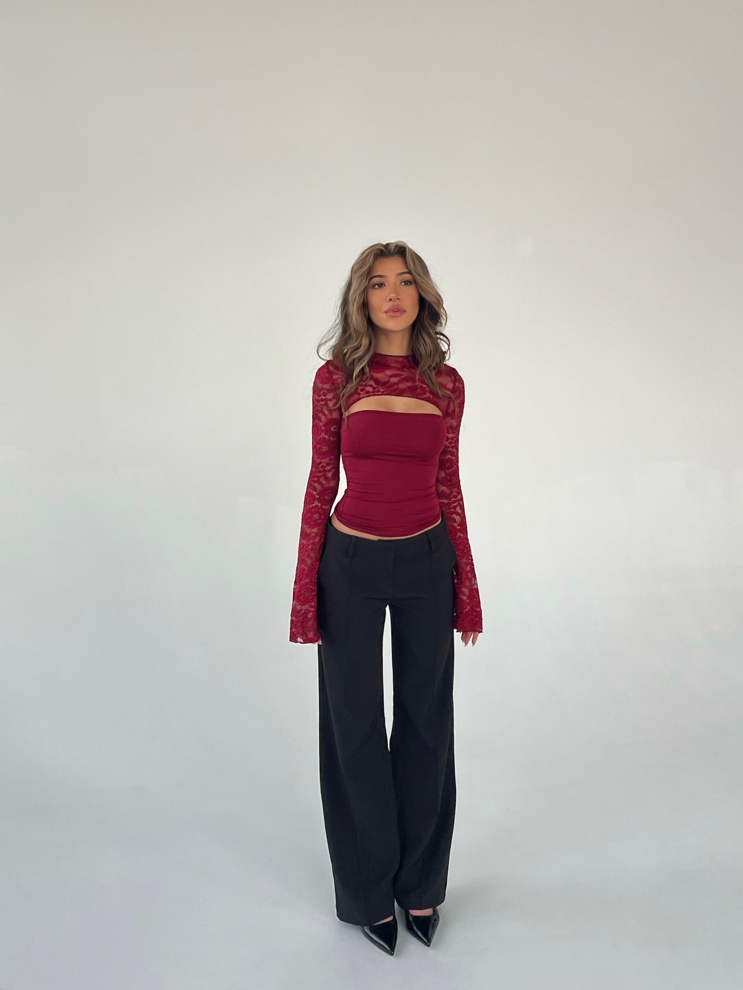 Lara lace long sleeve top - dark red 