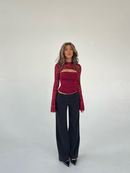 Lara lace long sleeve top - dark red 
