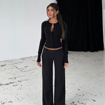 Button low waist bukser - sort stribet