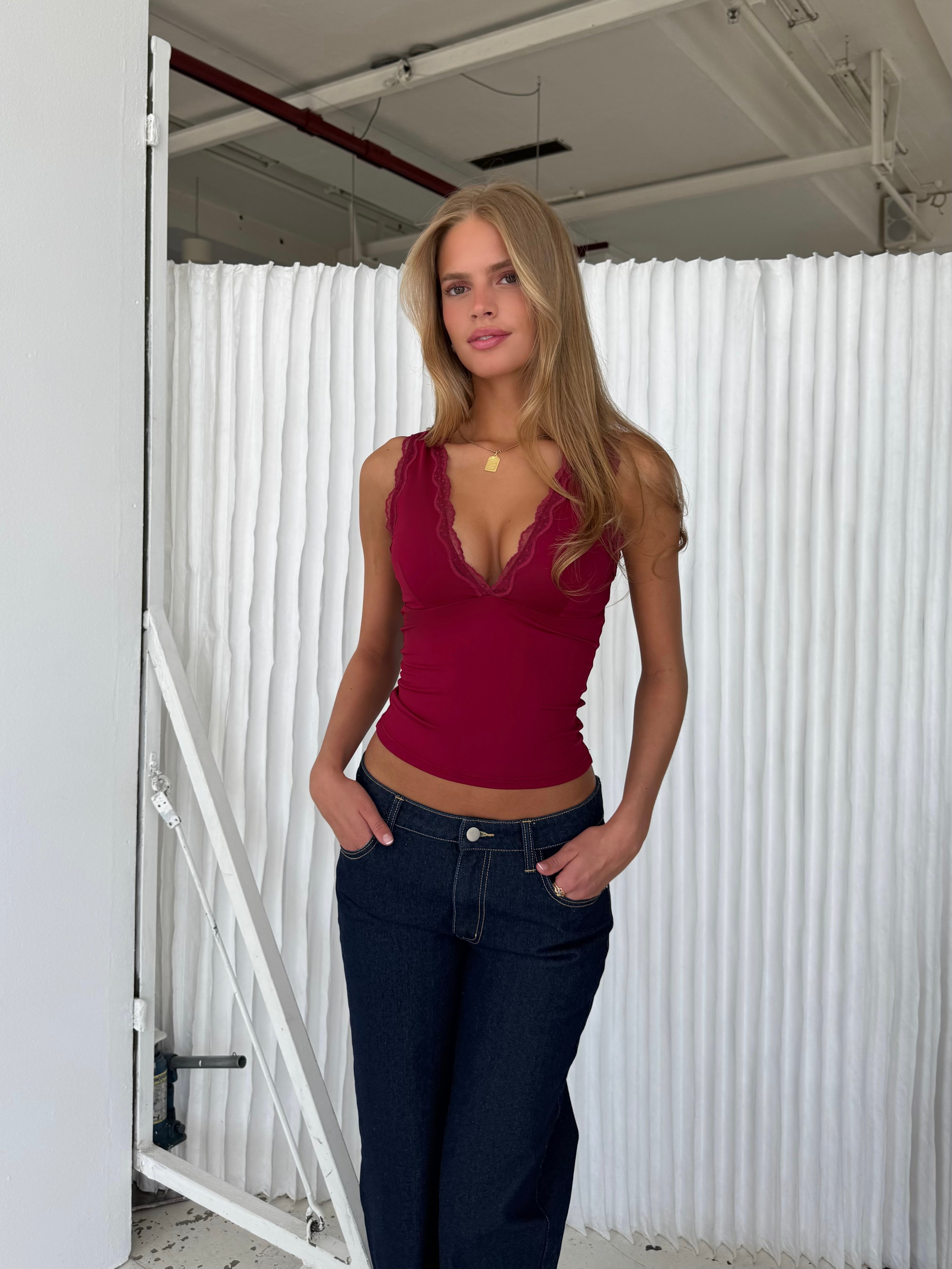 Basic lace top - mørk rød