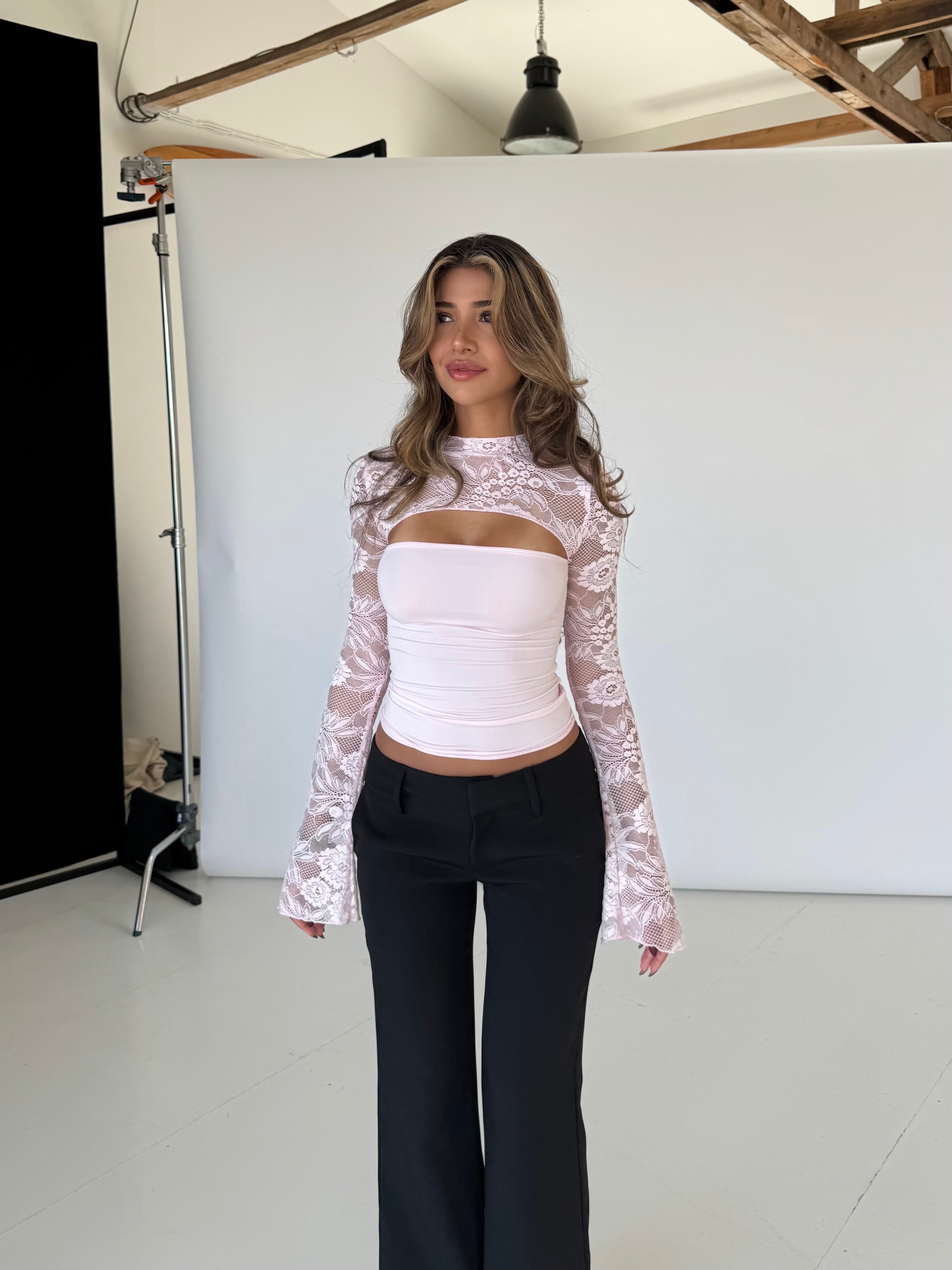 Lara lace long sleeve top - lyserød